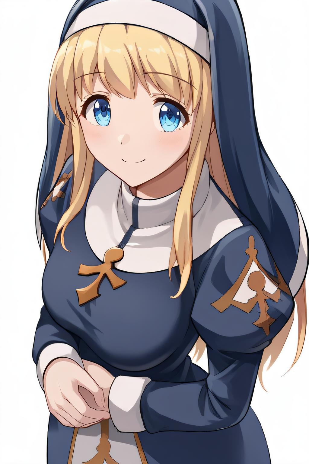 score_9, score_8_up, score_7_up, score_6_up, score_5_up, score_4_up, BREAK source_anime, masterpiece, best quality, ultra quality, <lora:PONY_Saint Emiliana:1>, emiliana, blonde hair, long hair, blue eyes, nun, blue dress, habit, standing, cowboy shot, looking at viewer, simple background, white background, from above, smile, five fingers