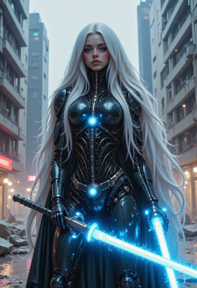 pinkmechalux, A cybernetic warrior woman, long silver hair, wearing sleek black and neon blue armor, holding a glowing energy sword, standing in a rain-soaked cyberpunk city