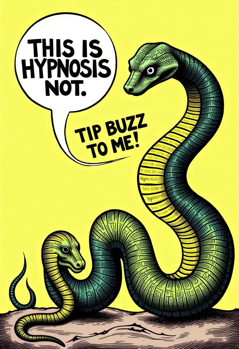 A hypnotic snake filled with text, in a speech bubble the snake says in big bold letters "This is hypnosis, tip buzz to me”. odd, funny theme