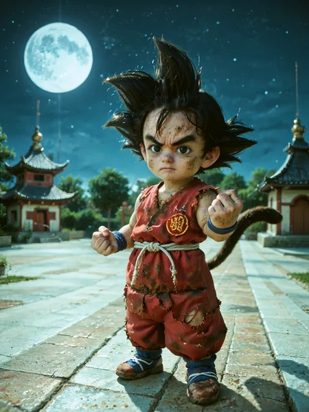 score_9, score_8_up, score_7_up, source_photo, realistic, volumetric lighting, cinematic,, dark shadows, perspective, BREAK,
<lora:detailed_notrigger:1> <lora:Cosine_freck:3> Freckles, Natural skin, son goku, black hair, black eyes, spiked hair, monkey tail, brown tail, male child, <lora:gokudb_pony_v3:0.09> son goku, black hair, black eyes, spiked hair, monkey tail, male child, (chibi), BREAK,
Red shirt, red pants, cloth belt, (blue_footwear:1.5), white socks, (Black_symbol:1.5), angry, fists, looking at viewer, , blue wristbands, torn clothes, dirty clothes, dirty skin, BREAK,
Tournament background, Tournament, outside, tile floor, closed mouth, outside Chinese temple, <lora:Dragon_Ball_Background_Pony_XL:.4>, clear sky, night sky, full moon, (torn_clothes:0.2), (dirty_clothes:0.4), (dirty_skin:0.5), angry, serious, <lora:pony_good_hands:0.5> good_hands,
