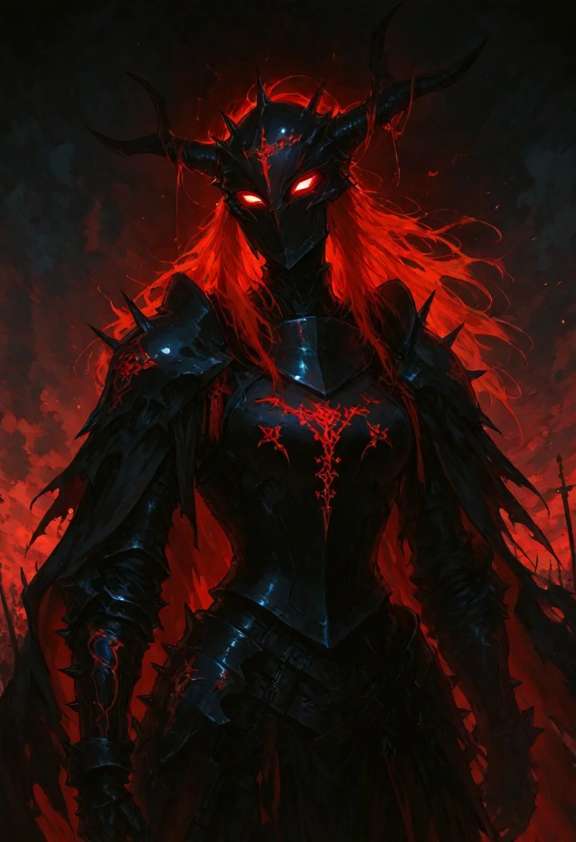 (masterpiece), (best quality), (ultra-detailed), amazing quality, very aesthetic, illustration, newest, upper body, colorful, vibrant, looking to the side, (oil painting:1.1), cinematic lighting, <lora:Avarice:1>, edgeofavarice, avarice, glowing red runes, dark fantasy,
1girl, solo, cape, owl_emblem_on_cape long sleeves, faulds, horned helmet, full_helmet, black and red armor, spiked armor, spiked gauntlets, spiked helmet, full_armor, full_plate_armor, horned_helmet, black_armor, spiked_shoulders, clawed_gauntlets, cursed_emblem, segmented_faulds, tattered_cape, aura_of_dread, intimidating_presence, hellish_glow, massive_blade, battlefield_setting, heavy_armor, red hair
