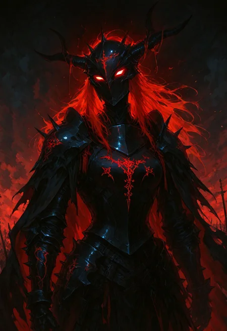 (masterpiece), (best quality), (ultra-detailed), amazing quality, very aesthetic, illustration, newest, upper body, colorful, vibrant, looking to the side, (oil painting:1.1), cinematic lighting, <lora:Avarice:1>, edgeofavarice, avarice, glowing red runes, dark fantasy,
1girl, solo, cape, owl_emblem_on_cape long sleeves, faulds, horned helmet, full_helmet, black and red armor, spiked armor, spiked gauntlets, spiked helmet, full_armor, full_plate_armor, horned_helmet, black_armor, spiked_shoulders, clawed_gauntlets, cursed_emblem, segmented_faulds, tattered_cape, aura_of_dread, intimidating_presence, hellish_glow, massive_blade, battlefield_setting, heavy_armor, red hair