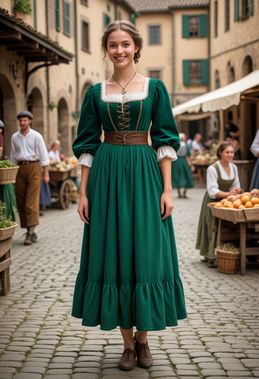 (medium full shot) of (poised young woman from the renaissance era), __cf-renaissance/ethnicity__, wearing a emerald green peasant dress with layered skirts, heeled shoes, decorative comb, set in the renaissance era, in  a quaint village square, with cobblestone streets, market stalls, villagers going about their day, woman smiling, Masterpiece,best quality, photo, realistic, very aesthetic, detailed face,