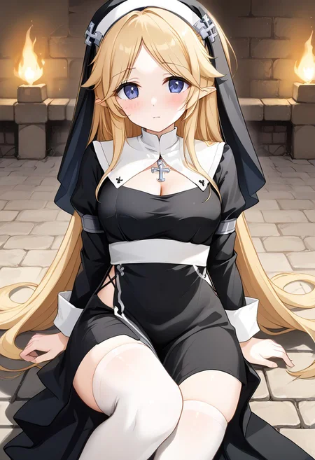core_9, score_8_up, score_7_up,
BREAK source_anime, best quality, masterpiece, rating_safe, uncensored, High quality, 8k, Ultra detailed, insanely detailed, beautiful, prefect lighting, 1girl,
BREAK yukaridef, very long hair, blonde,
nun, thighhighs, cleavage, long sleeves,black dress
BREAK (Cave, firewood, fire, water droplets, stone bed, rough floor,Cobblestone wall),