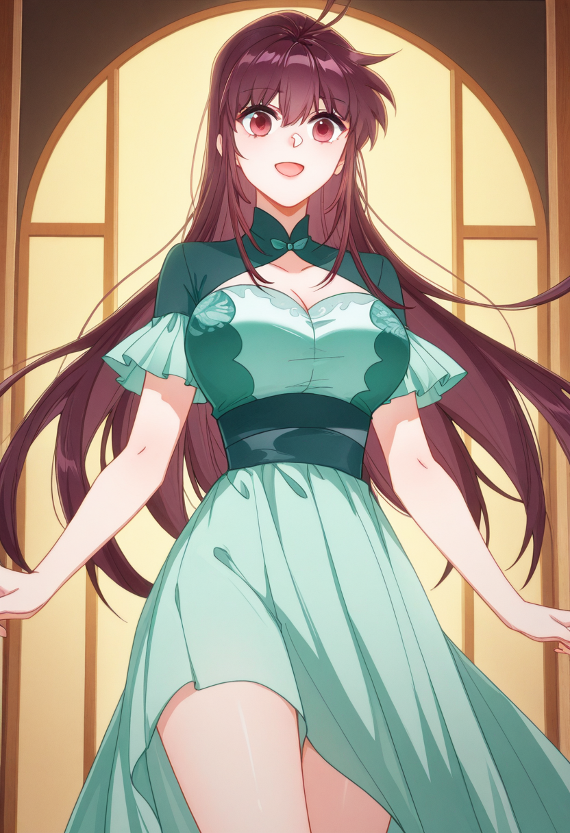 <lora:Liu_Qiyue:1>, liuqiyue, 1girl, masterpiece, best quality, amazing quality, very aesthetic, best illustration, large breasts, gentle smile, green dress, hair down, long hair, waist, hips, bare thigh, very detailed eyes, very detailed face, open mouth, anime coloring, anime screencap,