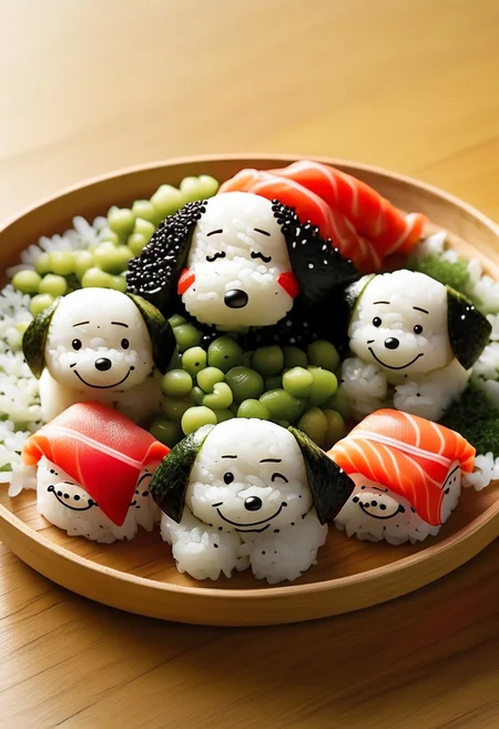 A white plate on a bamboo mat, holding four sushi pieces shaped like Snoopy faces, crafted from white rice with black rice accents for ears and facial details, each Snoopy lying on its side with closed eyes and a gentle smile, wrapped in red tuna slices resembling blankets, green seaweed accents, set on a wooden table, soft natural lighting, ultra-detailed, photorealistic, vibrant textures, kawaii food art bentobox style
