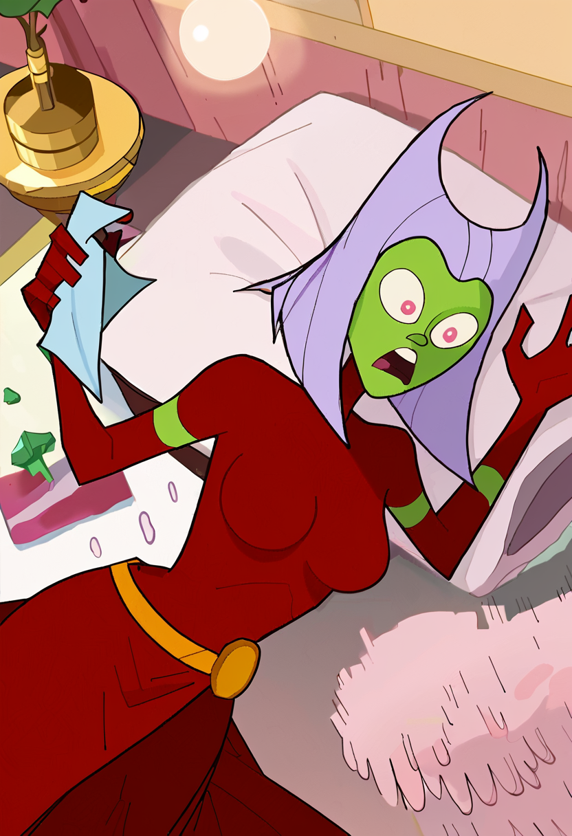<lora:TwelveForever_ButtWitch_Pony:1.0>, butt witch \(regular\), under covers, surprised, twelve forever, 1girl, solo, colored skin, red bodysuit, fall, masterpiece, best quality, score_9, score_8_up, score_7_up