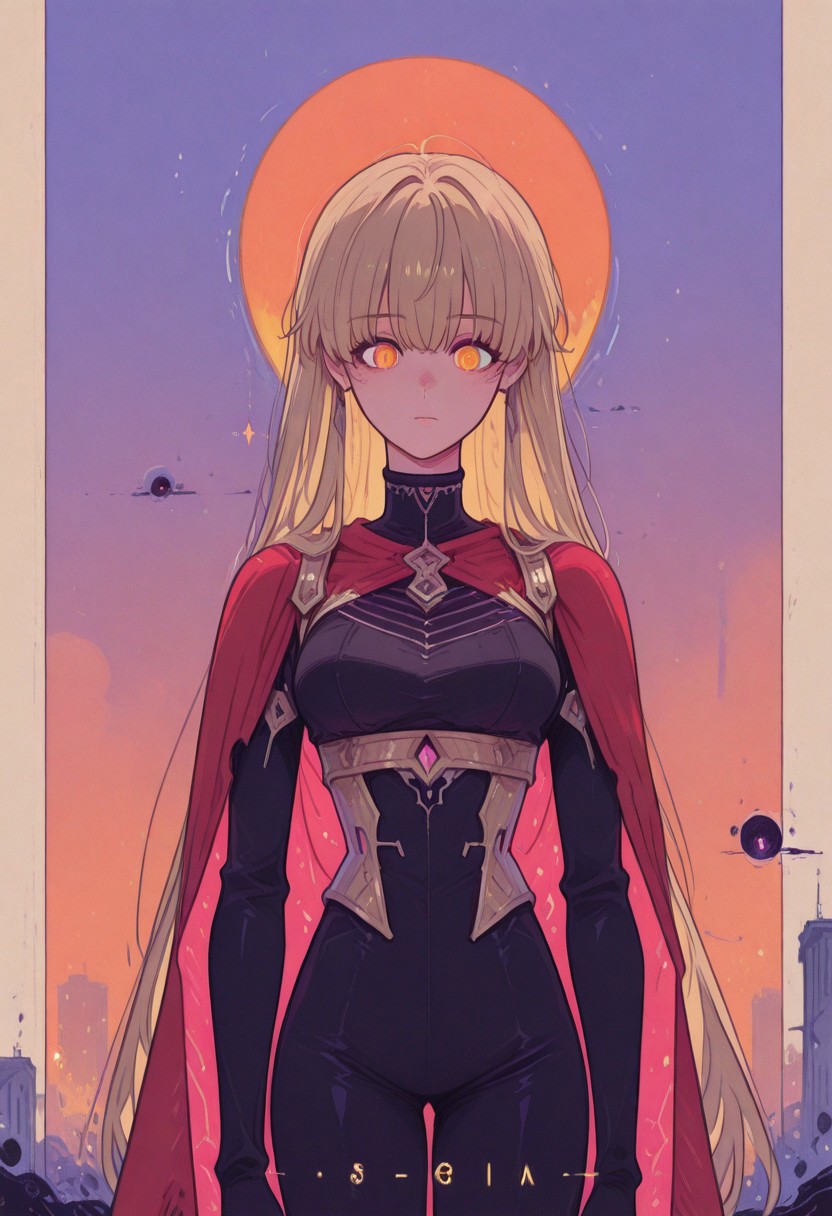 akira style,Comic panel illustratio A female, Amidst the clearing skies of Neo-Tokyo's dystopia, a formidable female psychic emerges, her body adorned in a black bodysuit, stark against the city's recovering silhouette. The remnants of a red cape, frayed and weathered, wrap around her, fluttering in the serene breeze of a newfound calm. Radiating a potent aura of raw energy, she embodies the aftermath of chaos, now subdued. The air around her shimmers with the residual charge of her vast power. Beneath the serene sky, her aura glows with powerful force, a visual testament to her telekinetic supremacy that once bent the very fabric of reality amidst the city's ruins. Her expression, etched with fierce determination, captures the iconic essence of 'Akira's' espers—a paragon of human potential reaching its zenith, bathed in the gentle light of a world reborn, orange sphere in the background, k4l1s4m111
