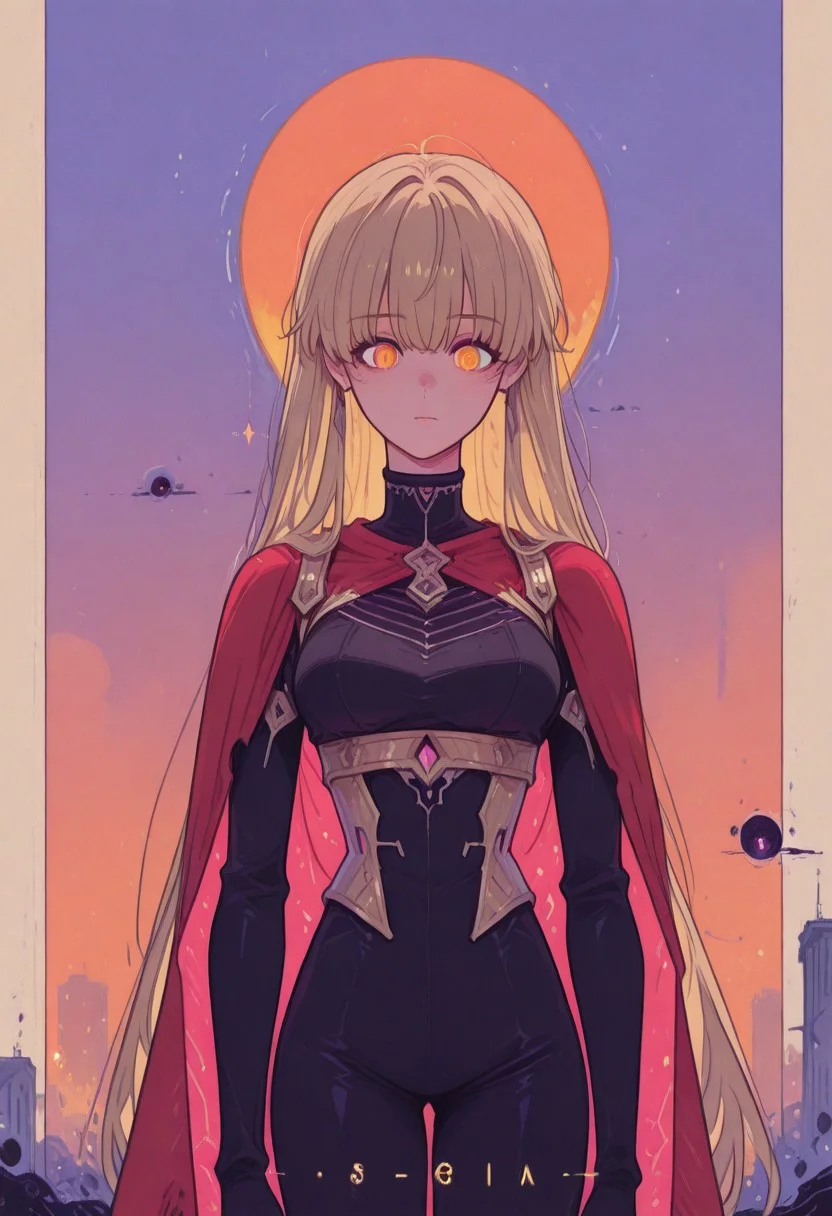 akira style,Comic panel illustratio A female, Amidst the clearing skies of Neo-Tokyo's dystopia, a formidable female psychic emerges, her body adorned in a black bodysuit, stark against the city's recovering silhouette. The remnants of a red cape, frayed and weathered, wrap around her, fluttering in the serene breeze of a newfound calm. Radiating a potent aura of raw energy, she embodies the aftermath of chaos, now subdued. The air around her shimmers with the residual charge of her vast power. Beneath the serene sky, her aura glows with powerful force, a visual testament to her telekinetic supremacy that once bent the very fabric of reality amidst the city's ruins. Her expression, etched with fierce determination, captures the iconic essence of 'Akira's' espers—a paragon of human potential reaching its zenith, bathed in the gentle light of a world reborn, orange sphere in the background, k4l1s4m111