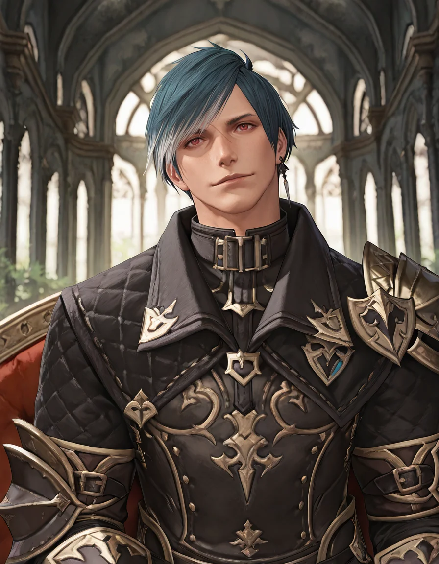 masterpiece, best quality, newest, perfect quality, intricate details, detailed background, male focus, realistic, solo, <lora:FFXIV - Granson Ketchthane - Illustrious-000004:0.8> granson_ffxiv, 1boy, hyur, red eyes, teal hair, multicolored hair, nose scar, single earring, coat, single pauldron, looking at viewer, sitting, kingdom, trees, head tilt, portrait