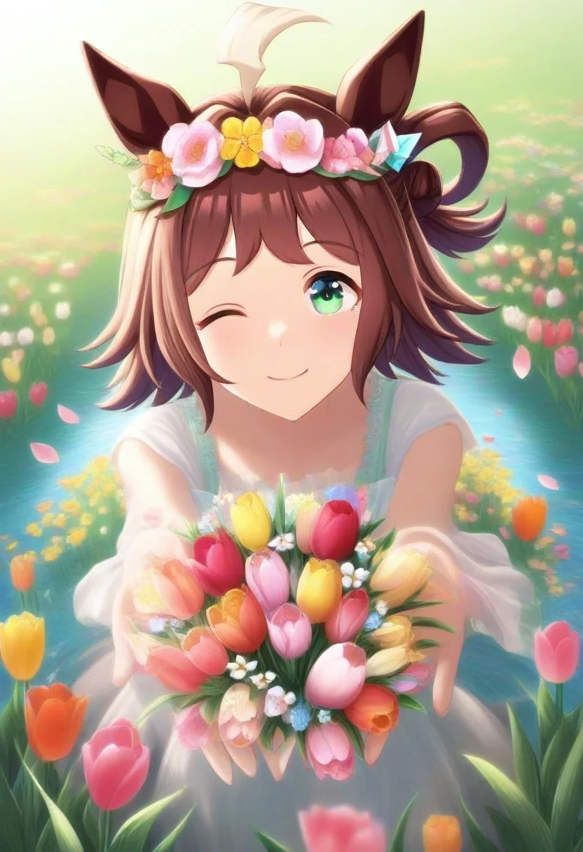 (umamusume, rhein_kraft_(umamusume), horse_ears, horse_girl, tail, 1girl, ahoge, animal_ears,)
casual, Tulip,Tulip flower, Tulip flower_field, 
head_wreath, looking_at_viewer,  solo, aesthetic, absurdres, symmetric , , g0ldsw0rthy,
(realistic, photo,  artistic, medium_hair, one_eye_closed, petals, relaxing, smile, spiralling vortex made of multicoloured tulips, lush foliage sunrise,  ripples, reflective, jaynl-tm, rainbow,green_eyes, hair_between_eyes, hair_ornament,  : 0.7)