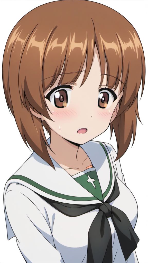 score_9, score_8_up, score_7_up,best quality, masterpiece,
hi res, digital media (artwork), anime coloring, white background, nishizumi miho, girls und panzer, brown eyes, brown hair, short hair, ,  breasts, neckerchief, school uniform, serafuku, shirt, skirt, black neckerchief, green skirt, long sleeves, miniskirt, ooarai school uniform,  1girl, blush, open mouth,blouse, uniform,18yo, teenage, <lora:lora_XL_NishizumiMiho_v2_pagedAdamW8bit_d32a16:1>
