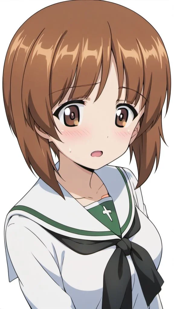 score_9, score_8_up, score_7_up,best quality, masterpiece,
hi res, digital media (artwork), anime coloring, white background, nishizumi miho, girls und panzer, brown eyes, brown hair, short hair, , breasts, neckerchief, school uniform, serafuku, shirt, skirt, black neckerchief, green skirt, long sleeves, miniskirt, ooarai school uniform, 1girl, blush, open mouth,blouse, uniform,18yo, teenage, <lora:lora_XL_NishizumiMiho_v2_pagedAdamW8bit_d32a16:1>