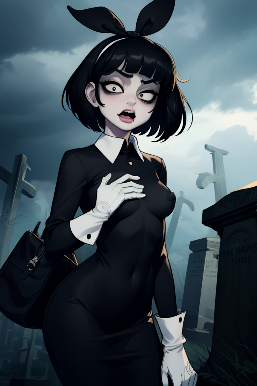 Susie, short hair, bags under eyes, right eye half closed:1:1, left eye open1:1, grey skin, wavy mouth, black eyeliner,  black eyes,  solo    derpy eyes, 
SuDr, black dress with white collar, long sleeves, long white gloves, tight,  black hairband, standing,  cowboy shot,  covered nipples,  
cemetery,  nighttime, cloudy,  toon \(style\), 
(insanely detailed, beautiful detailed face, masterpiece, best quality) 
 <lora:Susie-10v3:0.8>