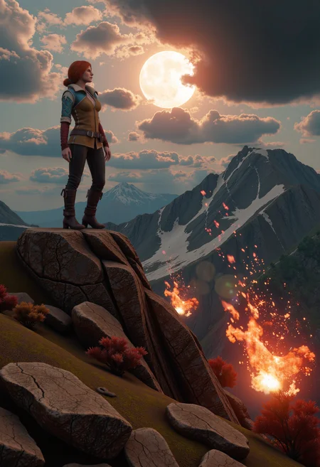 Photorealistic image of Triss Merigold summoning a rain of fire from the top of a mountain.
The landscape looks hellish and on fire.