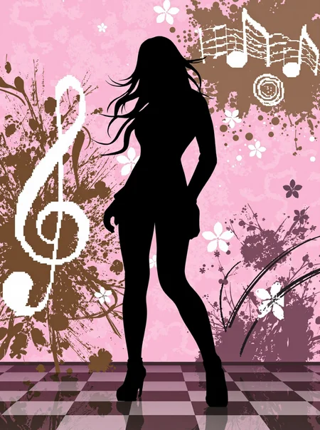 Woman silhouette, she is standing, black figure with a white outline, long flowing hair, abstract graphic setting, pink background with halftone dot pattern, checkerboard-patterned floor area with reflection, white swirling musical staves with notes, brown abstract splash graphic containing concentric circles and a white pixelated treble clef, stylized floral and vine elements in brown and white, scattered small flower graphics in white and mauve, brown butterfly graphics, white abstract swirls, black radiating and dashed lines, white sparkle graphic