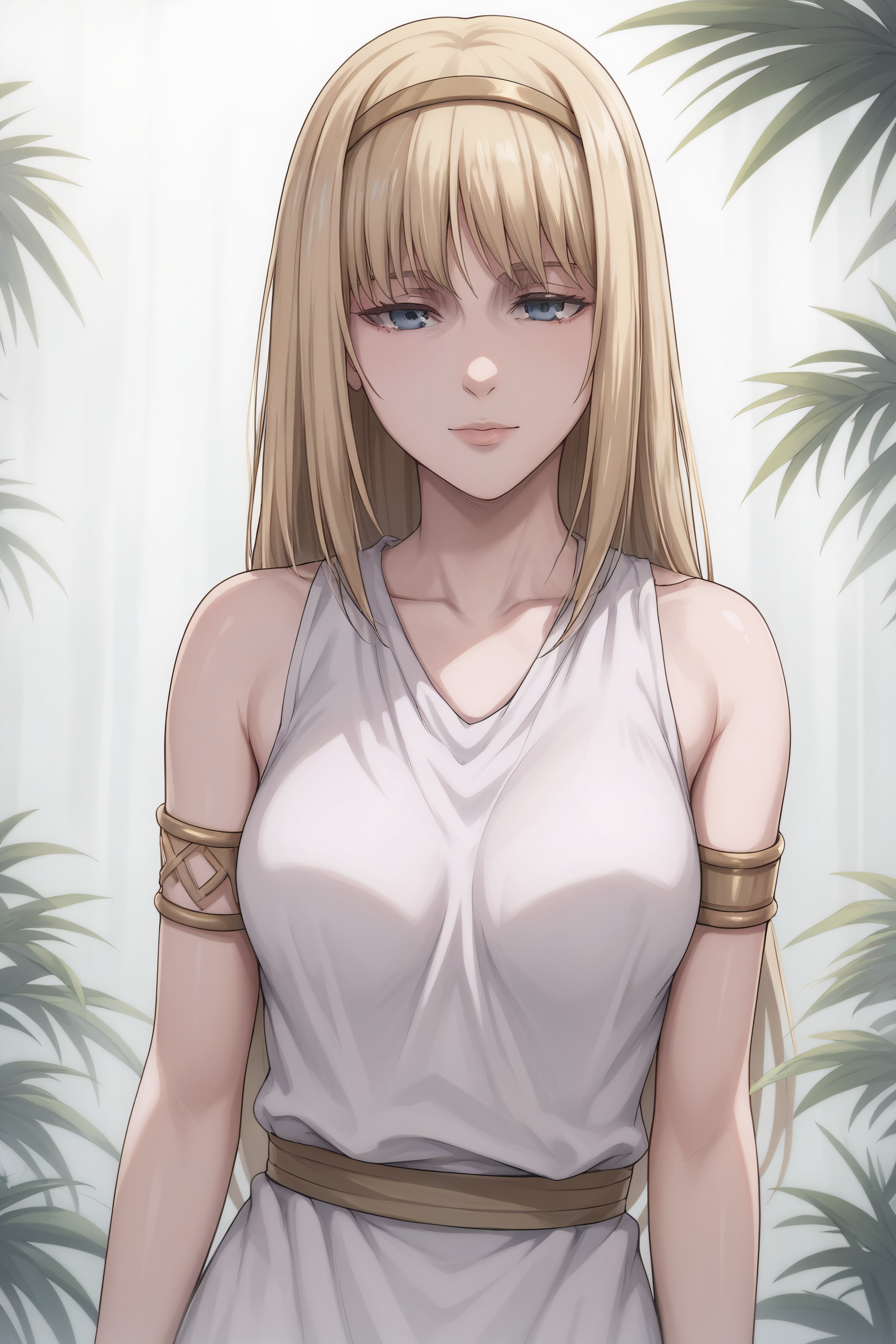 score_9, score_8_up, score_7_up, BREAK source_anime, <lora:Ymir Fritz-PonyXL-lora-faxtron:0.8> ymir fritz, blue eyes, blonde hair, long hair, medium breasts, armlet, bare shoulders, hairband, long white tunic,