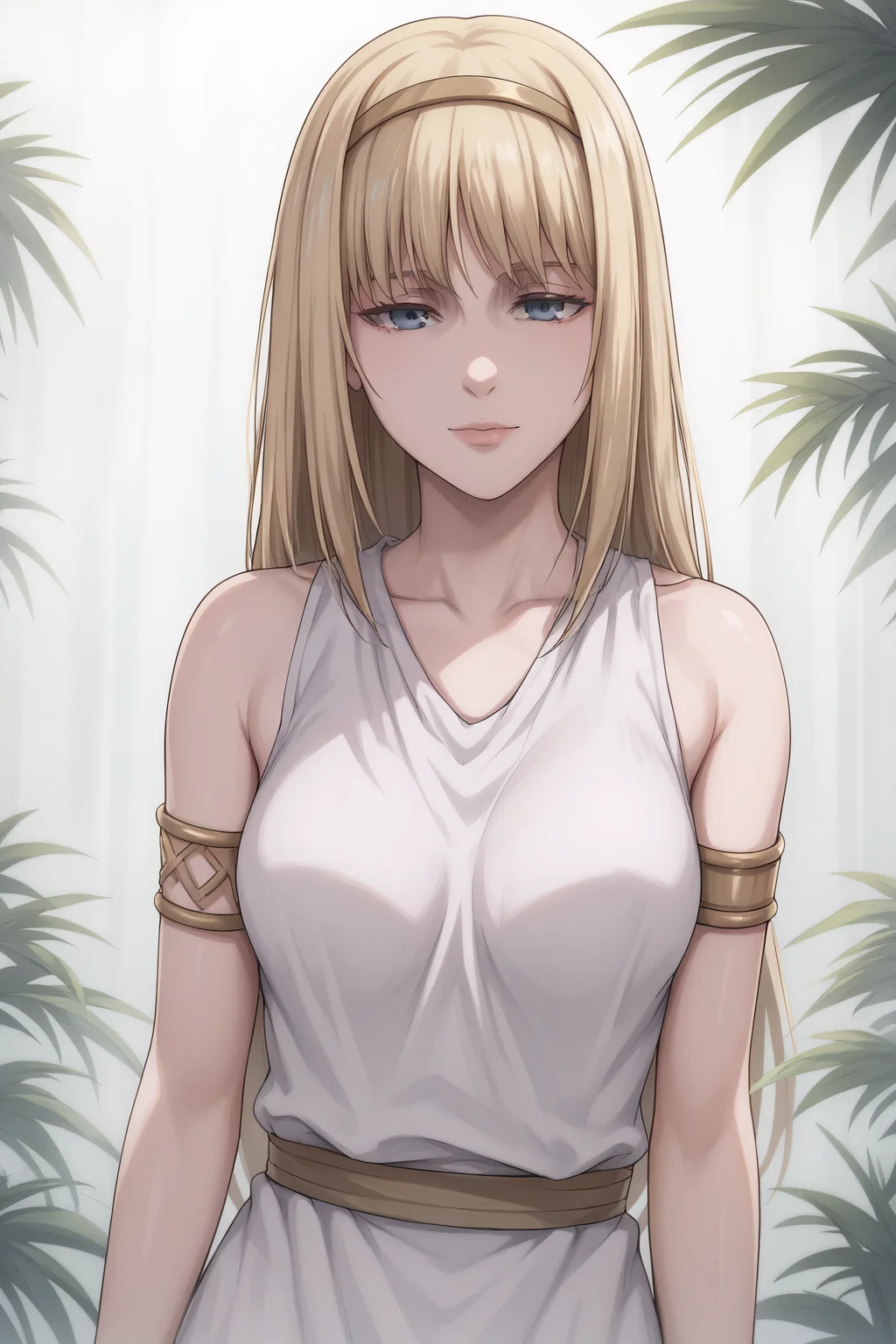 score_9, score_8_up, score_7_up, BREAK source_anime, <lora:Ymir Fritz-PonyXL-lora-faxtron:0.8> ymir fritz, blue eyes, blonde hair, long hair, medium breasts, armlet, bare shoulders, hairband, long white tunic,