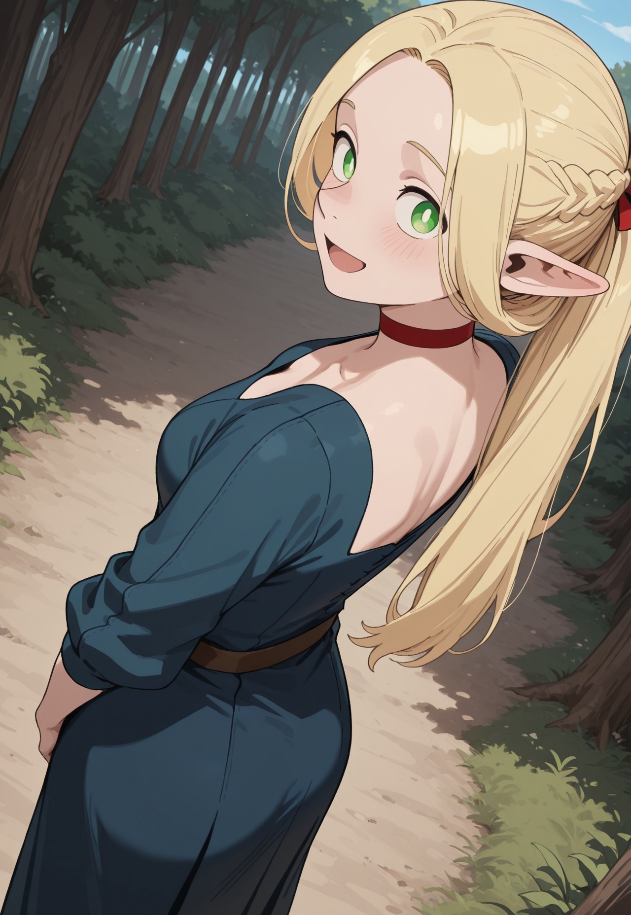 masterpiece, best quality, amazing quality, very aesthetic, absurdres, Dunmeshi_Marcille, 1girl, solo, female focus, pointy ears, blonde hair, green eyes, HairLowPonytail, official alternate hairstyle, red choker, blue dress, :D, outside, blue sky, perspective, forest, looking at viewer, from above, from behind, looking back, cowboy shot,