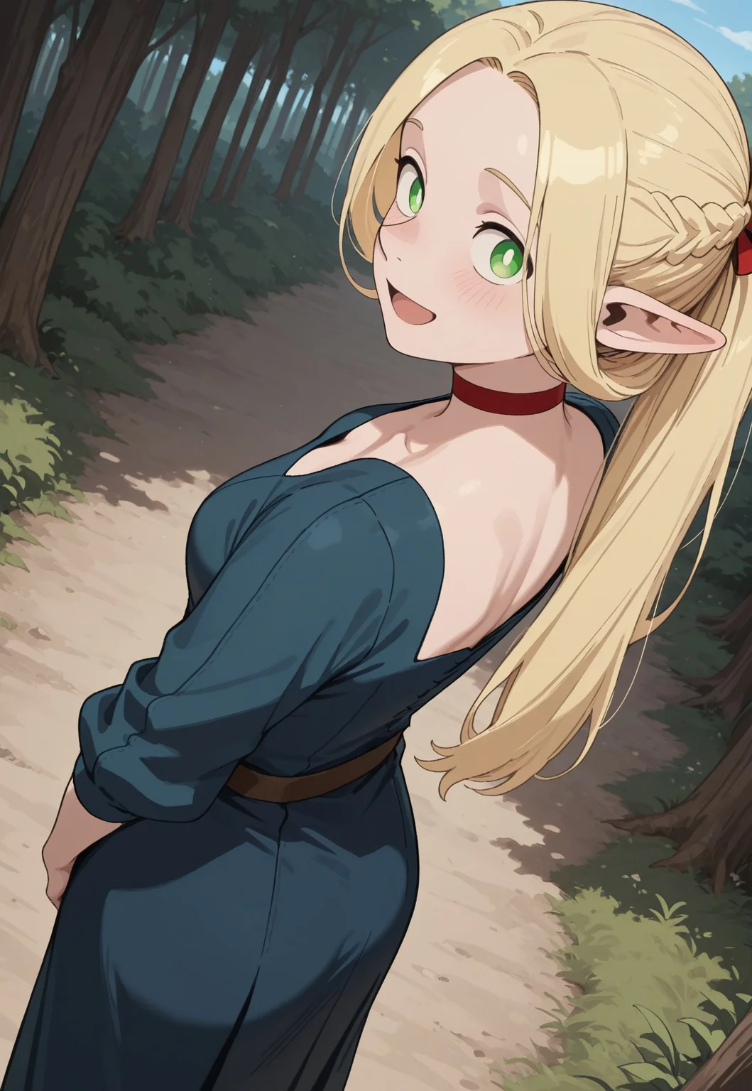 masterpiece, best quality, amazing quality, very aesthetic, absurdres, Dunmeshi_Marcille, 1girl, solo, female focus, pointy ears, blonde hair, green eyes, HairLowPonytail, official alternate hairstyle, red choker, blue dress, :D, outside, blue sky, perspective, forest, looking at viewer, from above, from behind, looking back, cowboy shot,