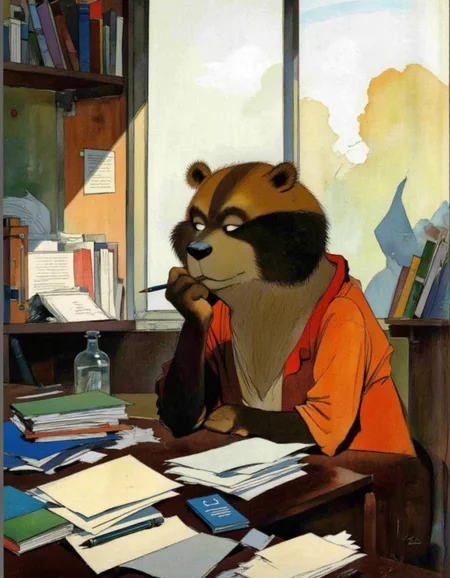 <lora:chzcat:1>, A thoughtful cartoon bear sitting at a desk in a study corner, surrounded by colorful stationery and papers. The bear holds a pencil, looking slightly puzzled but determined, with sunlight streaming through a large window behind them