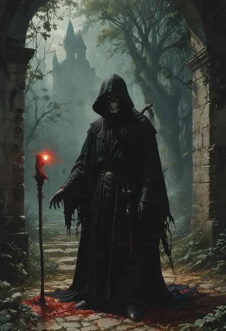 High resolution ultra-realistic of sinister The Grim Reaper, Intricately Designed Shroud, A Grim Reaper dressed in a black robe stands in a gloomy graveyard, He's holding a scythe with a bloody blade, head and shoulders portrait, Graveyard, 8k resolution concept art portrait by Greg Rutkowski, Dark Ages, Artgerm, WLOP, Alphonse Mucha dynamic lighting hyperdetailed intricately detailed Splash art trending on Artstation triadic colors Unreal Engine, 5 volumetric lighting, Cinematic Lighting, intricate, smooth, sharp focus digital painting, Asymmetrical Balance, hyperdetailed painting, dynamic lighting