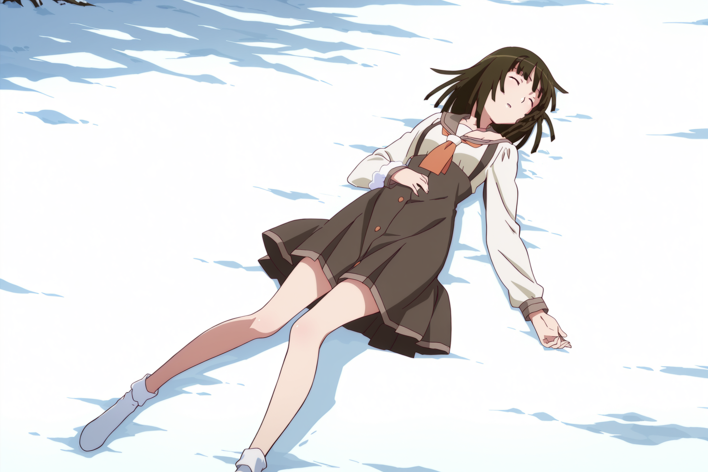 anime screencap, anime coloring, detailed face, masterpiece, best quality, very aesthetic, absurdres, volumetric lighting, official style, amazing quality, ultra detailed,  highres, amazing quality, scenery, beautiful detailed hair, beautiful detailed eyes,
 <lora:Nadeko_Sengoku_Monogatari_Series:1>
outside, snow falling,
Nadeko uniform (outfit), Nadeko Sengoku (character), sengoku nadeko, 1girl, school uniform, lying, solo, closed eyes, sleeping, on back, long legs, brown hair, short hair, socks, legs, black hair, serafuku
