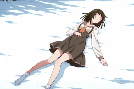 anime screencap, anime coloring, detailed face, masterpiece, best quality, very aesthetic, absurdres, volumetric lighting, official style, amazing quality, ultra detailed,  highres, amazing quality, scenery, beautiful detailed hair, beautiful detailed eyes,
 <lora:Nadeko_Sengoku_Monogatari_Series:1>
outside, snow falling,
Nadeko uniform (outfit), Nadeko Sengoku (character), sengoku nadeko, 1girl, school uniform, lying, solo, closed eyes, sleeping, on back, long legs, brown hair, short hair, socks, legs, black hair, serafuku