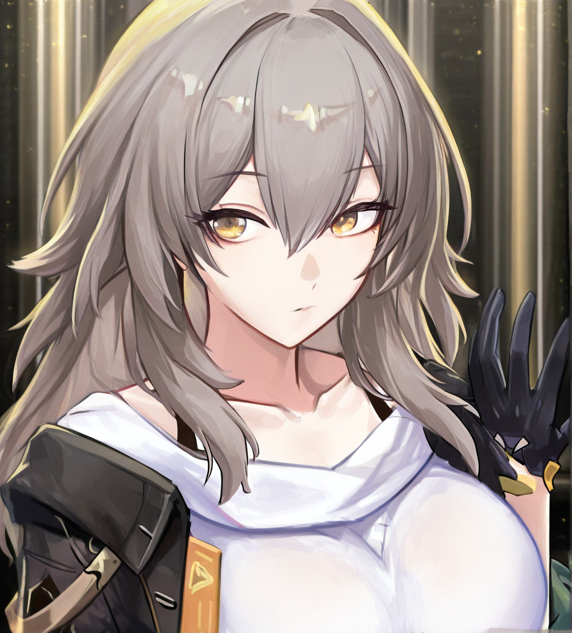 1girl, stelle (honkai: star rail), trailblazer (honkai: star rail), wild hips, huge breasts, black gloves, black jacket, breasts, closed mouth, collarbone, gloves, grey hair, hair between eyes, hand up, jacket, long hair, looking at viewer, shirt, solo, upper body, white shirt, yellow eyes, 
intricate details,detailed background,  <lora:anatomy_helper:1> <lora:noobaiXLNAIXL_epsilonPred11Version-lora:0.1> <lora:gabang:1.3>