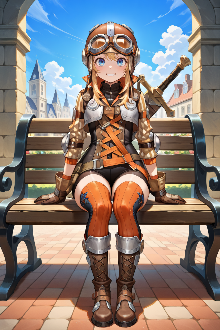 masterpiece, very aesthetic, absurdres, best quality, amazing quality, high resolution, <lora:illustrious_quality_modifiers_masterpieces_v1:0.8> , <lora:ChamIllustriousBackgroundEnhancer:0.5>,  solo   <lora:InzaghiIL:0.8> , InzDef, 1boy, blonde hair, sidelocks, long hair, blue eyes, goggles, goggles on head, goggles on headwear, helmet, armor, elbow pads, orange straps, popped collar, layered shirt, cross-laced top, black bodysuit, bodysuit under clothes, striped sleeves, long sleeves, orange thighhighs, gloves, brown gloves, boots, armored boots, brown boots,  sword, sheathed, sword on back,  smile, solo, exterior, grin, sitting, full body, park bench,sky, clouds, looking at viewer, full body, smile,  solo, sitting on bench, capital city, medieval city, blue sky,