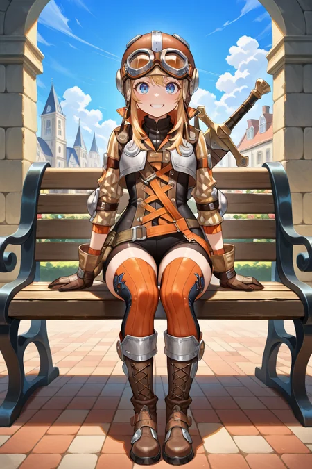 masterpiece, very aesthetic, absurdres, best quality, amazing quality, high resolution, <lora:illustrious_quality_modifiers_masterpieces_v1:0.8> , <lora:ChamIllustriousBackgroundEnhancer:0.5>,  solo   <lora:InzaghiIL:0.8> , InzDef, 1boy, blonde hair, sidelocks, long hair, blue eyes, goggles, goggles on head, goggles on headwear, helmet, armor, elbow pads, orange straps, popped collar, layered shirt, cross-laced top, black bodysuit, bodysuit under clothes, striped sleeves, long sleeves, orange thighhighs, gloves, brown gloves, boots, armored boots, brown boots,  sword, sheathed, sword on back,  smile, solo, exterior, grin, sitting, full body, park bench,sky, clouds, looking at viewer, full body, smile,  solo, sitting on bench, capital city, medieval city, blue sky,