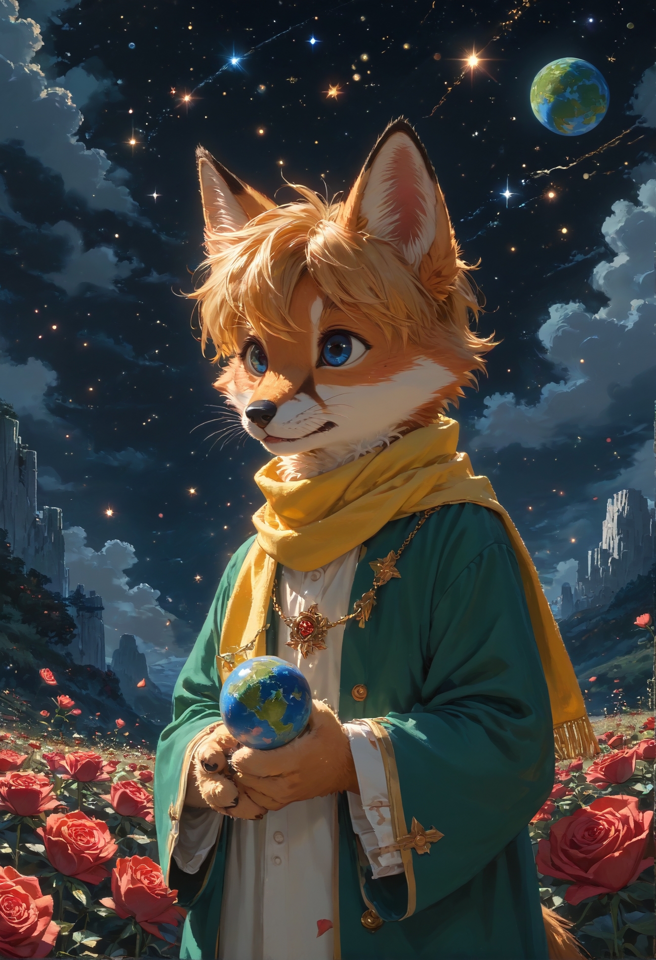 detailed background,Cinematic Lighting,film grain,score_9,score_8_up,score_7_up,zPDXL2,masterpiece,best quality,highly detailed,glowing,hand person,Expressiveh, <lora:(增强)sdxl_lightning_8step_lora:1>,<lora:glowneon_xl_v1:1>, <lora:(增强)Hands XL 4:1>,<lora:(增强)Expressive_H-000001:0.8>, <lora:Vixon\Vixon's Pony Styles Astro:0.8> , little prince, a rose, a fox, night sky, universe, yellow scarf, yellow hair, green clothes, 4str0,star \(sky\), earth \(planet\), planet,Le Petit Prince,1child