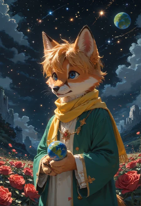 detailed background,Cinematic Lighting,film grain,score_9,score_8_up,score_7_up,zPDXL2,masterpiece,best quality,highly detailed,glowing,hand person,Expressiveh, <lora:(增强)sdxl_lightning_8step_lora:1>,<lora:glowneon_xl_v1:1>, <lora:(增强)Hands XL 4:1>,<lora:(增强)Expressive_H-000001:0.8>, <lora:Vixon\Vixon's Pony Styles Astro:0.8> , little prince, a rose, a fox, night sky, universe, yellow scarf, yellow hair, green clothes, 4str0,star \(sky\), earth \(planet\), planet,Le Petit Prince,1child