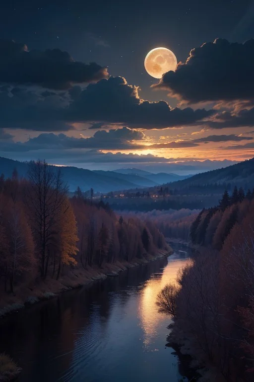 Skyscrapers,River,Mountains,forests,full moon, clouds, beautiful sky, night, epic landscape, desolate atmosphere, from below, photorealistic, masterpiece, 64k, UHD, ultra detailed, vivid colors, high quality, sharp focus