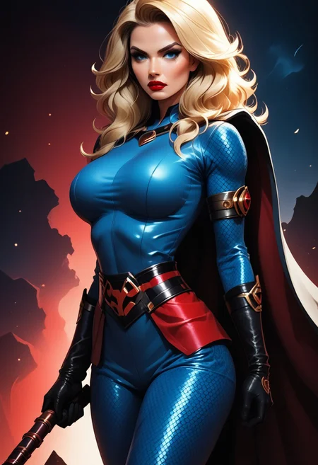 MILF, 32 years old, blonde hair, black leather vampire cape, sloppy wavy hair, sexy red boots, revealing outfit, red lips, mascara, eyelashes, hourglass figure, strong, big blue eyes, seductive, mature female, m1lfm3t3r, anezaki mamori, masterpiece, highest quality, realistic skin texture:1.5, high, tear shaped boobs, drow ranger, drow ranger \(dota2\), Masterpiece, 32k, photorealistic:1.4, score_9, score_8_up, score_7_up, huge boobs, small waist, wide hips, high cheekbones, oval face, slim waist, wide hips, thick thighs, full hips, DARK SIDE \(PICTURE BOOK\), NO FACE, colorful background, vivid colors, volumetric light, cinematic light, extremely detailed, bgbrda, top, bodysuit, helmet, armlet, bracelet, gloves, chainmail, skirt, boots, holding weapon, holding rod.