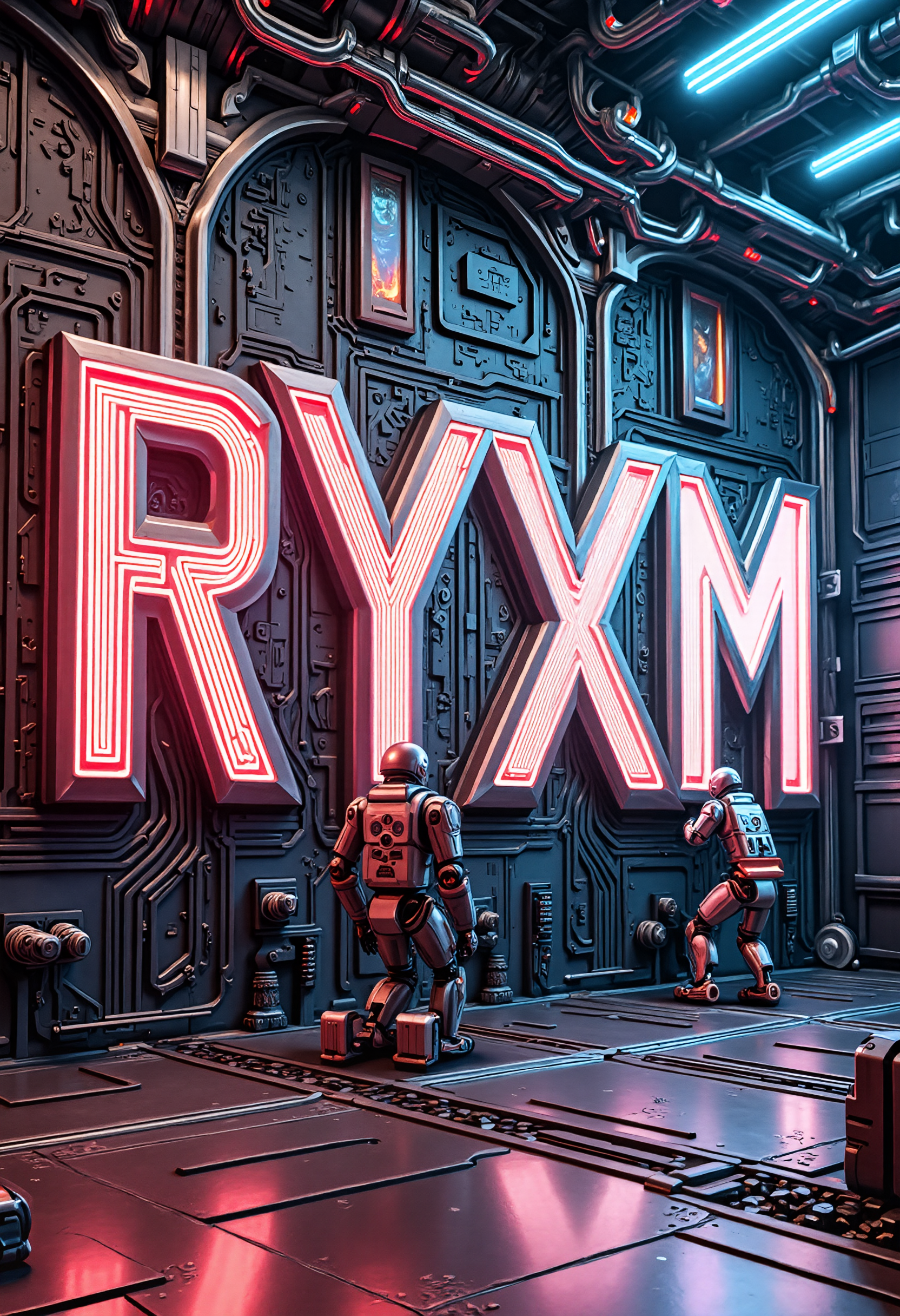 YFG-Bauhaus A highly detailed cyberpunk setting, showcasing the phrase 'RYXM' in bold, glowing letters with a high-tech, embossed design. The text appears to be made from a combination of neon and metal, reflecting ambient lights. Surround the text with a cyberpunk-inspired environment featuring sleek, glowing circuitry, holographic elements. The setting emphasizes innovation and energy, with an overall luminous and dynamic atmosphere that symbolizes a brighter future. There are a bunch of robots fixing the letters.