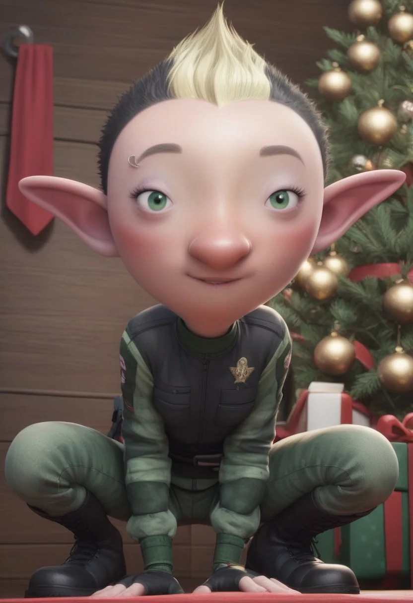 Bryony Shelfley, 1girl, elf, female elf, petite, black short hair, blond mohawk, pointy ears, elf ears, fingerless gloves, miliary uniform, black boots, piercing on right eyebrow, green eyes, small eyes, big nose, blush, score_8_up, score_7_up, BREAK, 1girl, solo, looking at viewer, eyebrow raise, eyes half closed, biting lips, female focus, looking at viewer, crouching, ninja pose, from below, christmas tree on background, detailed background, 4k, masterpiece, best quality, highly detailed, 3d