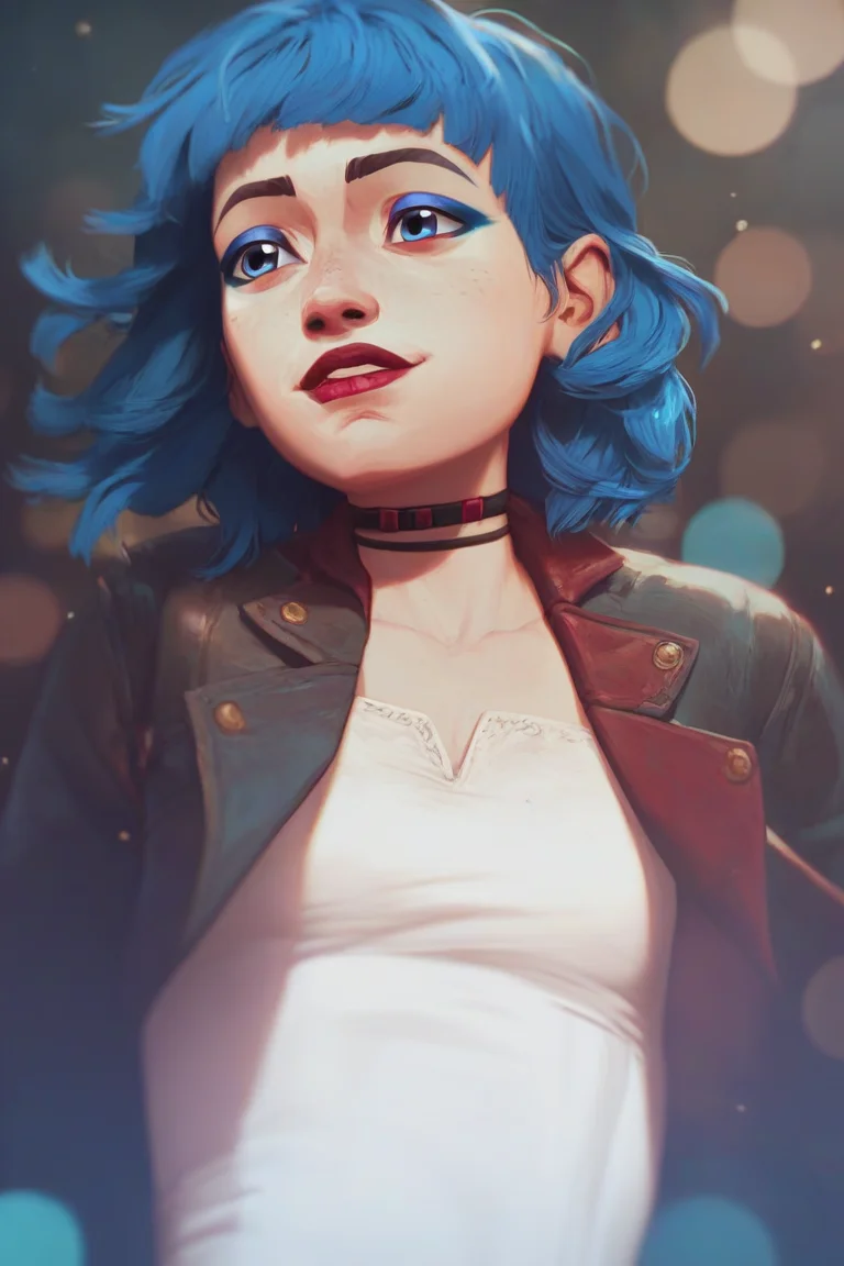 score_9, score_8_up, score_7_up, <lora:VRAMsJinx_0:0.8> vramstbpowder, medium hair, solo, open jacket, white dress, blue eyes, cinematic, parted lips, blue makeup, leather jacket, happy, red lips, blue hair, choker, bokeh, freckles