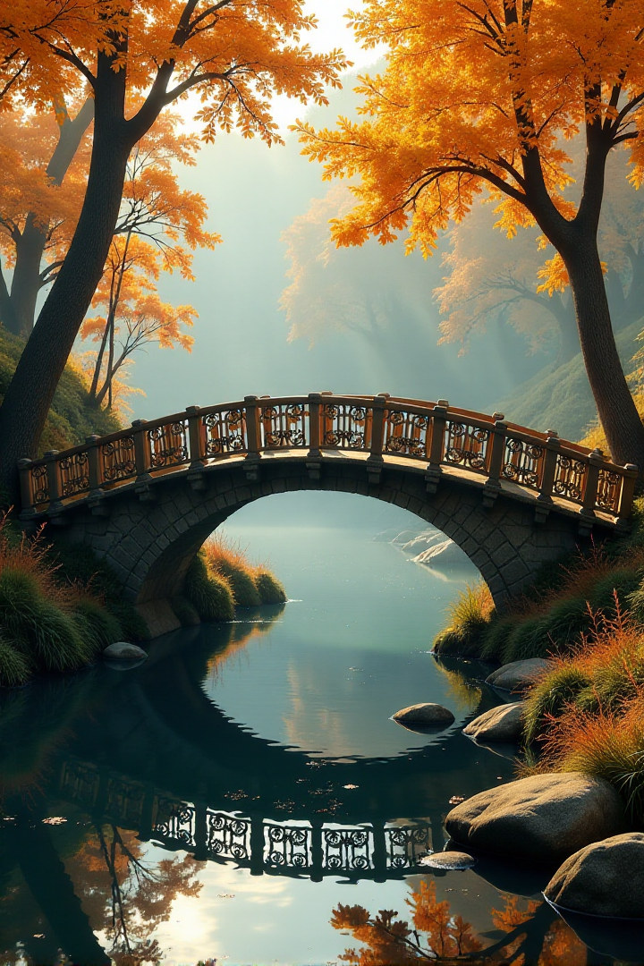 Imagine an enchanting autumnal tableau where an antique wooden bridge stretches elegantly across a river wreathed in morning mist, its tranquil waters mirroring the vibrant golds of the surrounding foliage. The bridge's ornate carvings evoke the fluidity and organic motifs characteristic of Art Nouveau, while sunlight filtering through the canopy above casts dappled shadows upon its weathered surface. From an aerial vantage point akin to that of a hovering dragonfly, this serene landscape oscillates between peaceful serenity and beguiling intrigue, beckoning the observer to embark on a whimsical journey into a realm where nature's beauty intertwines seamlessly with artistic mastery.âââ