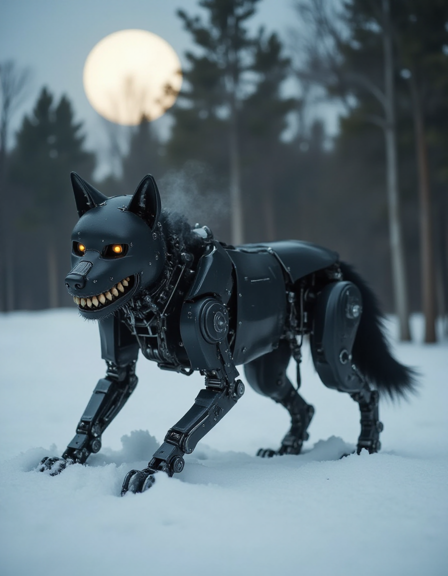 A robotic wolf prowls through a snowy forest under the pale glow of a full moon. Its sleek, gunmetal body hums faintly as gears rotate beneath its metallic fur. Steam escapes from vents along its flanks as it exhales into the icy air. Its jaw opens slightly, revealing ral-rbotth that are disturbingly lifelike, each tooth stained faintly yellow with jagged edges, as if worn from countless hunts. The snow crunches under its titanium claws, the quiet stillness of the forest broken only by the eerie glint of its human-like teeth.
 <lora:ral-rbotth-flux_000003000:1>