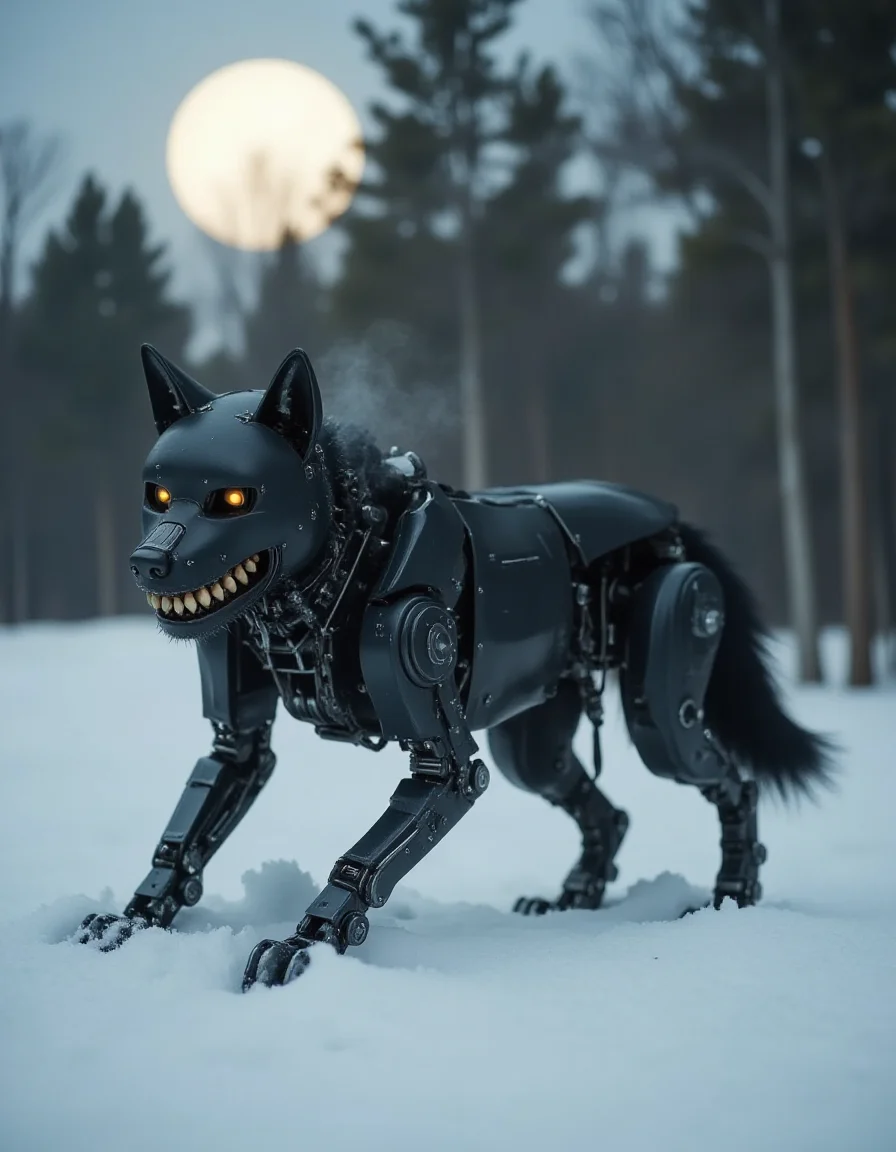 A robotic wolf prowls through a snowy forest under the pale glow of a full moon. Its sleek, gunmetal body hums faintly as gears rotate beneath its metallic fur. Steam escapes from vents along its flanks as it exhales into the icy air. Its jaw opens slightly, revealing ral-rbotth that are disturbingly lifelike, each tooth stained faintly yellow with jagged edges, as if worn from countless hunts. The snow crunches under its titanium claws, the quiet stillness of the forest broken only by the eerie glint of its human-like teeth.
<lora:ral-rbotth-flux_000003000:1>
