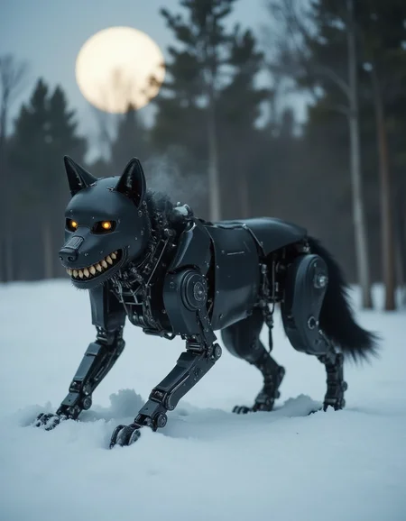 A robotic wolf prowls through a snowy forest under the pale glow of a full moon. Its sleek, gunmetal body hums faintly as gears rotate beneath its metallic fur. Steam escapes from vents along its flanks as it exhales into the icy air. Its jaw opens slightly, revealing ral-rbotth that are disturbingly lifelike, each tooth stained faintly yellow with jagged edges, as if worn from countless hunts. The snow crunches under its titanium claws, the quiet stillness of the forest broken only by the eerie glint of its human-like teeth.
<lora:ral-rbotth-flux_000003000:1>