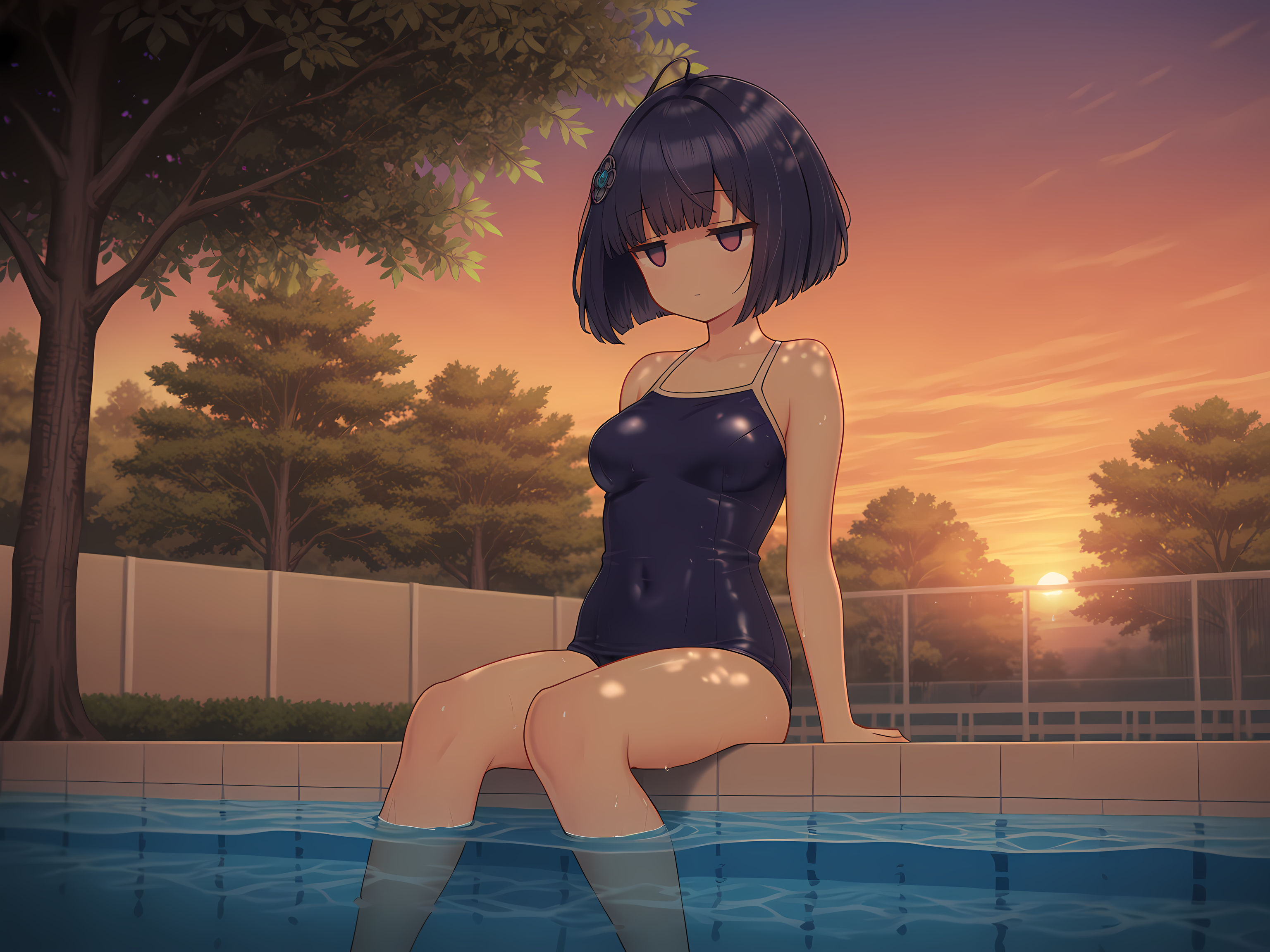 1girl,jitome,shizuha,school swim outfit,short hair,medium breasts,outdoors,<lora:Celesphonia_and_Selenoxia:0.8>,pool,blank eyes,soaking feet, dappled sunlight, sunset, tree,, masterpiece,best quality,amazing quality,