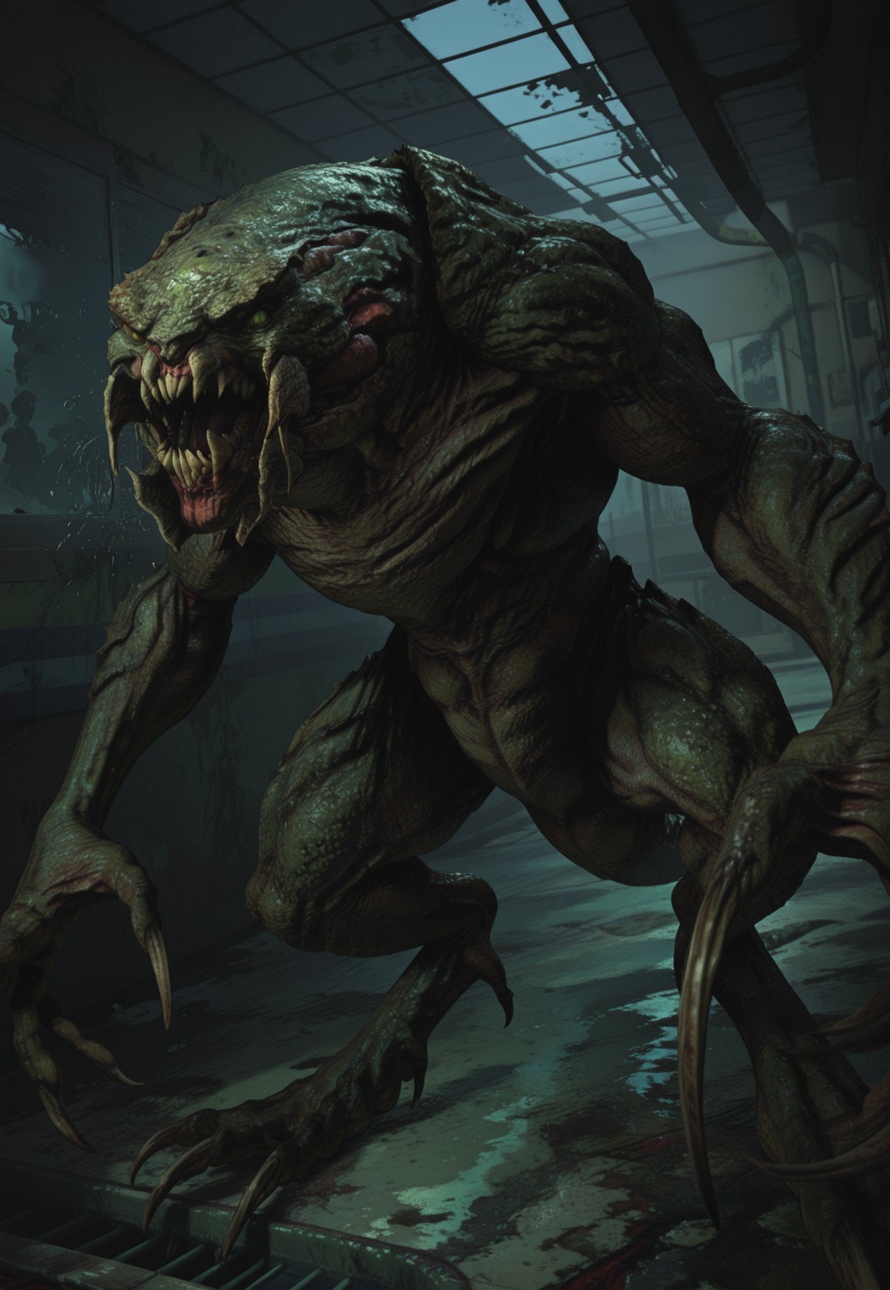 masterpiece, best quality, BREAK, dynamic angle, close up, monster, hunterbeta, solo, growling, sewer, cinematic lighting, detailed scenery, 