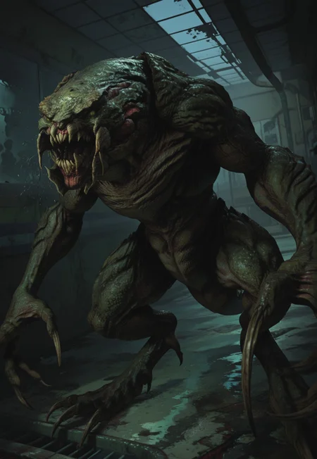 masterpiece, best quality, BREAK, dynamic angle, close up, monster, hunterbeta, solo, growling, sewer, cinematic lighting, detailed scenery,