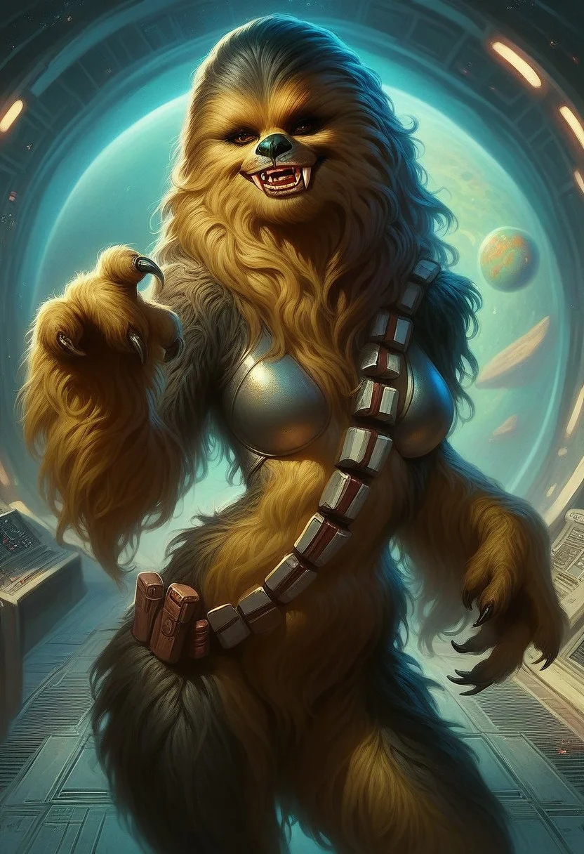 score_9_up, score_8_up, score_7_up, score_6_up, 1girl, solo, fem_w00kie, furry female, fur, fangs, claws, standing on an alien planet, smile, (realistic), (painted art)