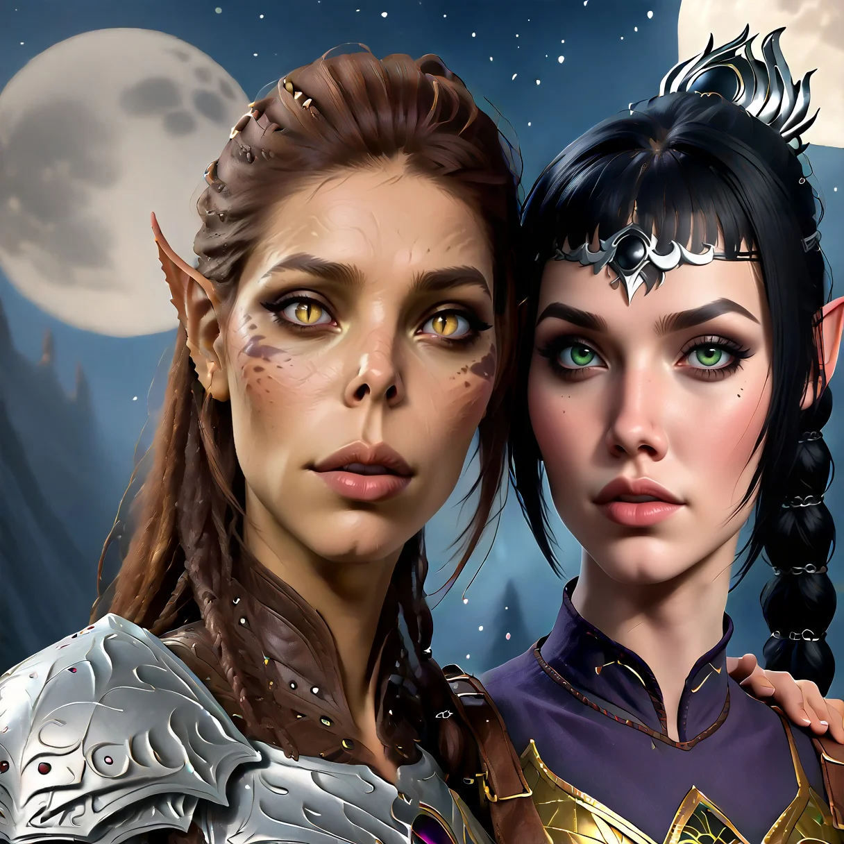 score_9,score_8_up,score_7_up,score_6_up,score_5_up,score_4_up,rating_questionable,extremely detailed,high quality,realistic,beautiful eyes,moon,night,2girls,looking at viewer
BREAK
laezel,slit pupils,armor
<lora:Laezel_PonyXL:0.7>
BREAK
shadowheart,black hair,braided ponytail,green eyes,circlet,armor
<lora:ShadowHeartXL:0.7>