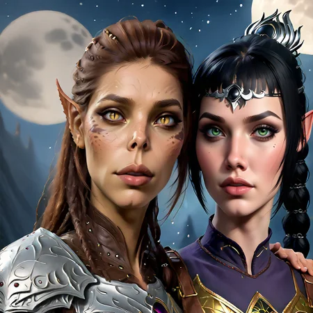 score_9,score_8_up,score_7_up,score_6_up,score_5_up,score_4_up,rating_questionable,extremely detailed,high quality,realistic,beautiful eyes,moon,night,2girls,looking at viewer
BREAK
laezel,slit pupils,armor
<lora:Laezel_PonyXL:0.7>
BREAK
shadowheart,black hair,braided ponytail,green eyes,circlet,armor
<lora:ShadowHeartXL:0.7>