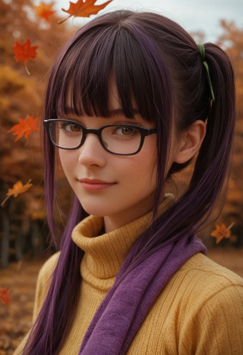 score_9, score_8_up, score_7_up, score_6_up,
1girl, 25 years old, perfect face, adult, looking at viewer,
brown eyes,
purple hair, very long hair, twintails, sidelocks, blunt bangs, green ribbon, floating hair,
glasses, rectangular eyewear, black-framed eyewear,
yellow sweater, purple scarf,
autumn, autumn leaves, wind,
blush, shy smile,
portrait, face focus, detailed face,