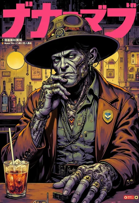Japanese Manga style Poster, A cyberpunk style cop in a seedy, dimly lit bar. He has cybernetic implants and enhancements all over his body. He wears a long, brown colored coat and a cowboy hat. He sits at a table, smoking a cigarette. His drink, his badge and his futuristic pistol is on the table in front of him. He is looking at the viewer with a smirk on his face.